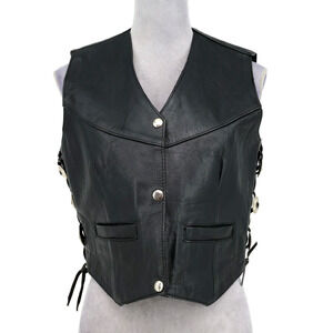 Barneys Leather Vest Womens Small Black Snaps Side Laces Buckles Western Cowgirl